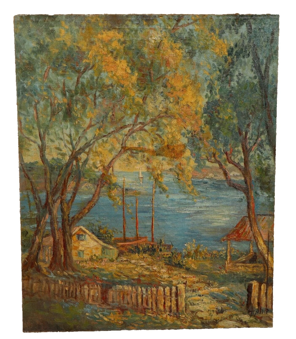 HARRY MELIN Cottage by the Sea with Sailboats oil on canvas/board Circa 30s/40s (1 of 4)