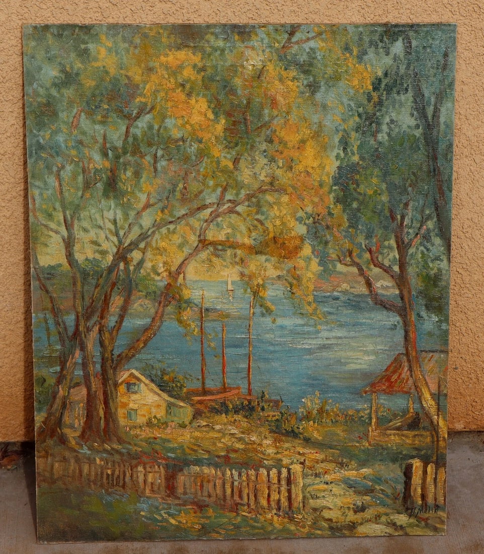 HARRY MELIN Cottage by the Sea with Sailboats oil on canvas/board Circa 30s/40s - 2