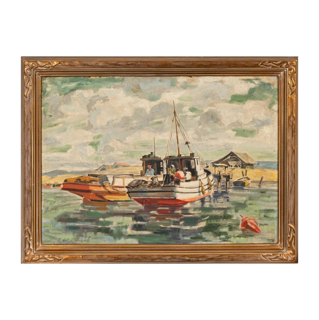 JACOBUS P.F. LEONARD (1880-1924) Men in Boats by Whorf Double Sided oil painting: Title:JACOBUS P.F. LEONARD (1880-1924) Men in Boats by Whorf Double Sided oil painting Description:JACOBUS P.F. LEONARD (1880-1924 - Netherlands). Men in Boats by a Whorf (double sided painting)