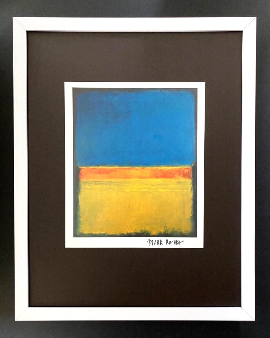 MARK ROTHKO + SIGNED PRINT + ABSTRACT ART + EXPRESSIONIST + MINIMALIST + FRAMED: Beautiful and Scarce Original 1970 Print After MARK ROTHKO " ABSTRACT " Facsimile Signature in ink This piece printed in glossy paper is mounted on a 11 x 14 in. black acid free premium black board. P