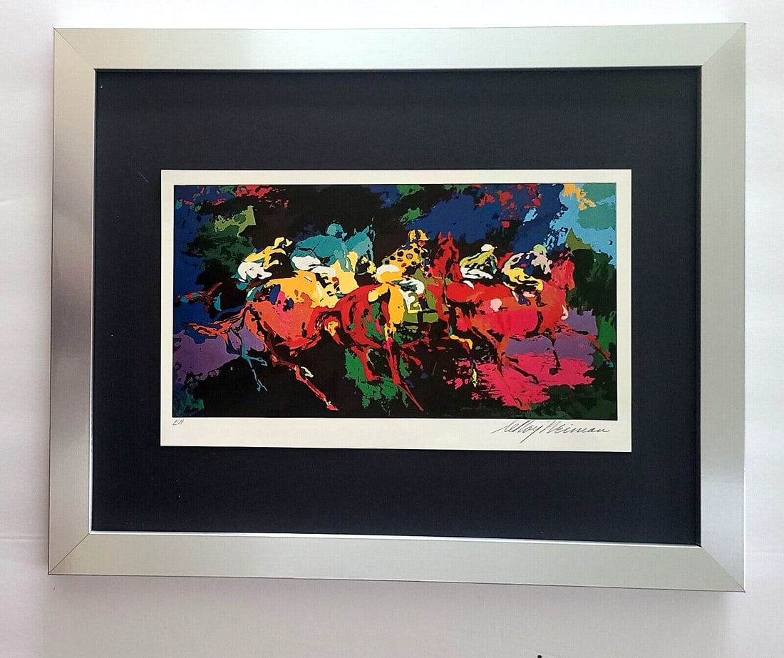 LeRoy Neiman " THE RACE " Signed Pop Art Mounted and Framed: Beautiful and Scarce Original 1991 Print After Leroy Neiman " THE RACE " Signed on the Plate This piece is mounted on a 11 x 14 in. black acid free premium black board. Framed covers an area of 15x12i