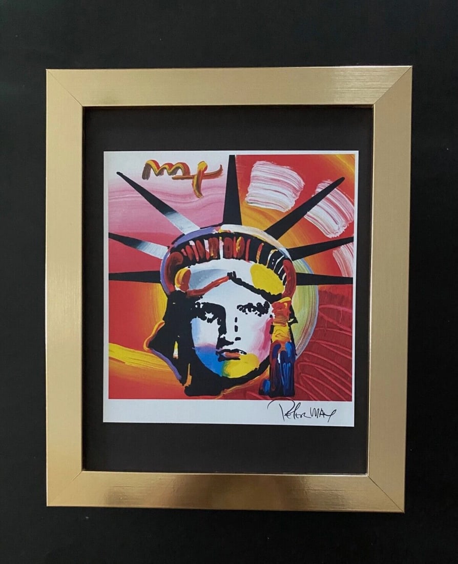 Peter Max | Vintage Print Signed | Mounted in a New 10x8 in Frame: Up for Sale this Beautiful Vintage Offset Lithograph after Peter Max Facsimile Signed in ink. This piece is mounted on a 10 x 8 in. black acid free black board. Framed in Gold covering an area of 12x1