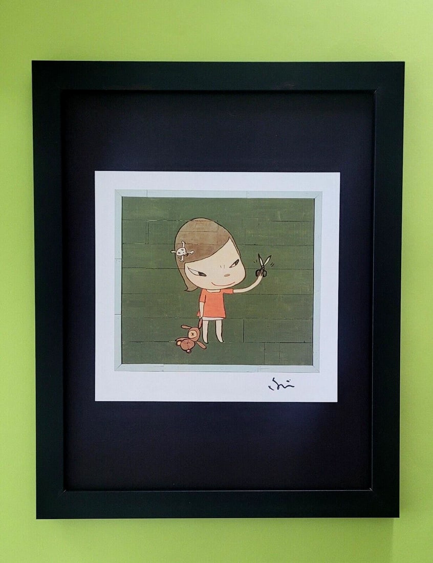 YOSHITOMO NARA | BEAUTIFUL PRINT FROM JAPAN SIGNED FRAMED 1: YOSHITOMO NARA FRAMED PRINT FROM TOKYO FACSIMILE SIGNED IN INK MOUNTED IN A BLACKBOARD 14 X 11 in FRAME COVERS AN AREA OF 16 X 13 in MOUNTED AND FRAMED EXCELLENT CONDITIONS WILL BE CAREFULLY SHIPPED