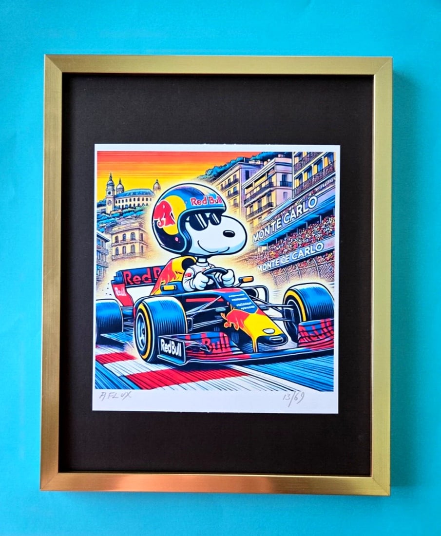 AIDAN FLUX Hand Signed Authentic Print Framed SNOOPY RED BULL COA: This is a one-of-a-kind Hand Signed Authentic Giclee by AIDAN FLUX. From his Famous Series " SNOOPY" The print is 10x8in., measuring framed 14 inches in height and 11 inches in width, it comes framed 