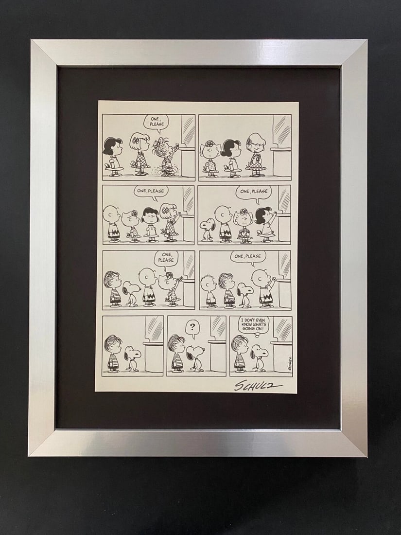 Charles Schulz + Signed Vintage 1968 Peanuts Snoopy Cartoon + New Silver Frame: Up for Sale this Beautiful Vintage 1968 Offset Lithograph after CHARLES M. SCHULTZ " Peanuts Cartoon " Facsimile Signed in ink Art Print is about 11.2 x 8.4in This art print is mounted on a 14 x 11 in