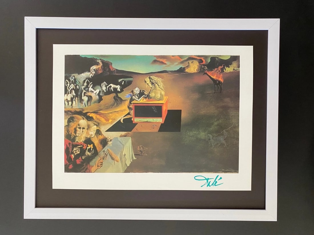 Salvador Dali 1970 Vintage Signed Print Framed Surrealist Collecting Art: Up for Auction this Beautiful and Scarce Vintage 1970 Offset Lithograph after SALVADOR DALI " Monsters " Facsimile Signed in ink This art print is mounted on a 11 x 14 in. black acid free black board.