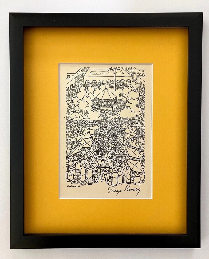 DIEGO RIVERA ORIGINAL 1938 SIGNED GRAVURE MATTED AND FRAMED: Beautiful and Scarce Original 1938 Color Gravure Print After DIEGO RIVERA SIGNATURE FACSIMILE IN BLACK INK ALSO PLATE SIGNED AND DATED Art Print is 7 X 5 in. DIEGO RIVERA ORIGINAL 1938 Framed at 8 x