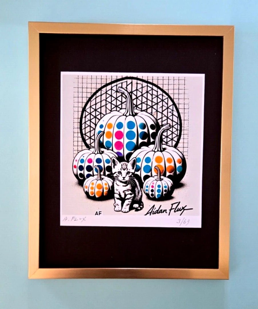 AIDAN FLUX | Hand Signed Authentic Ltd ED of 69 Print Framed Pumpkin Cat COA: This is a one-of-a-kind Hand Signed Authentic Giclee by AIDAN FLUX. From his Series " Universal Icons" The artist has created a stunning piece of art that features a powerful message. The print is