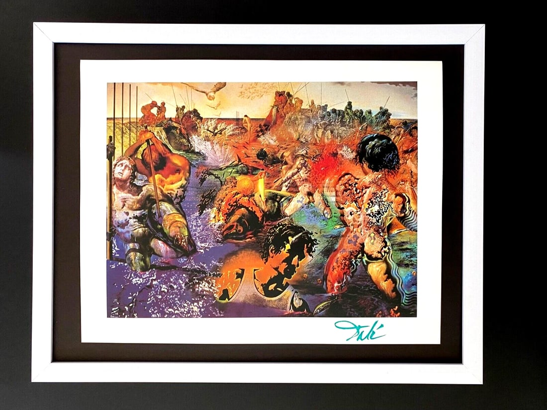 Salvador Dali 1970 Vintage Signed Print Framed Surrealist Collecting Art: Up for Auction this Beautiful and Scarce Vintage 1970 Offset Lithograph after SALVADOR DALI " Tuna Fishing " Facsimile Signed in ink This art print is mounted on a 11 x 14 in. black acid free black