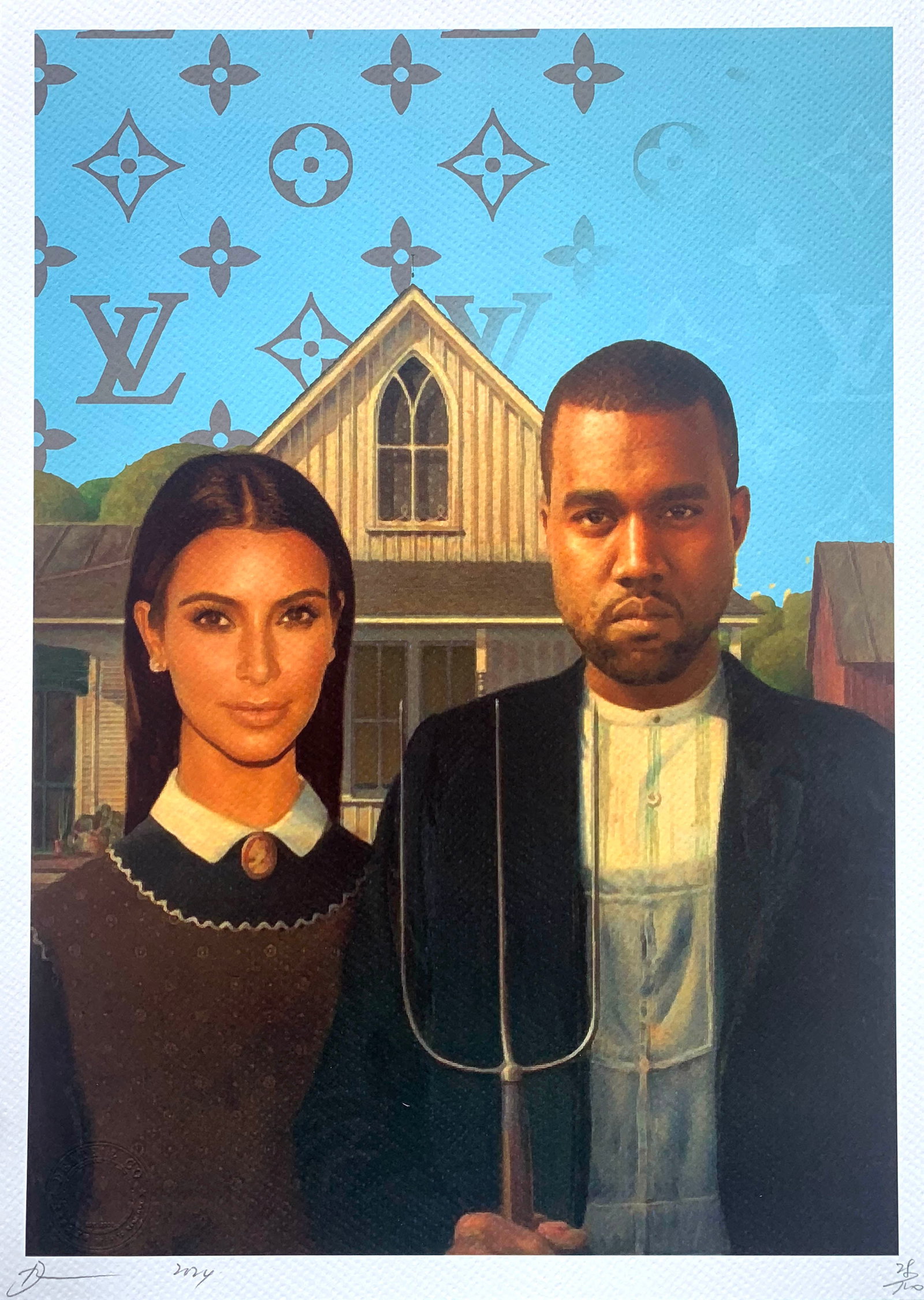 Death NYC American Gothic Kim Kardashian Kaney West: Title:Death NYC American Gothic Kim Kardashian Kaney West Date/Period:21st Century Materials:Giclee on Fine art 300 gsm paper Size:17 3/4 x 12 1/2 inches Description:Artist: Death NYC, limited