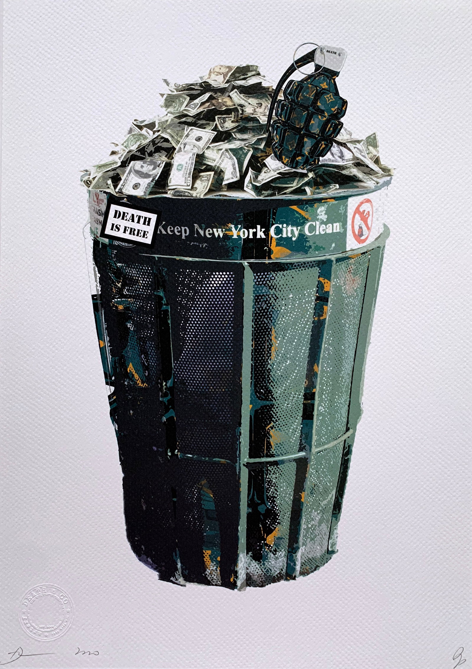 Death NYC NYC Garbage Can: Title:Death NYC NYC Garbage Can Date/Period:21st Century Materials:Giclee on Fine art 300 gsm paper Size:17 3/4 x 12 1/2 inches Description:Artist: Death NYC, limited edition giclee on paper, out of