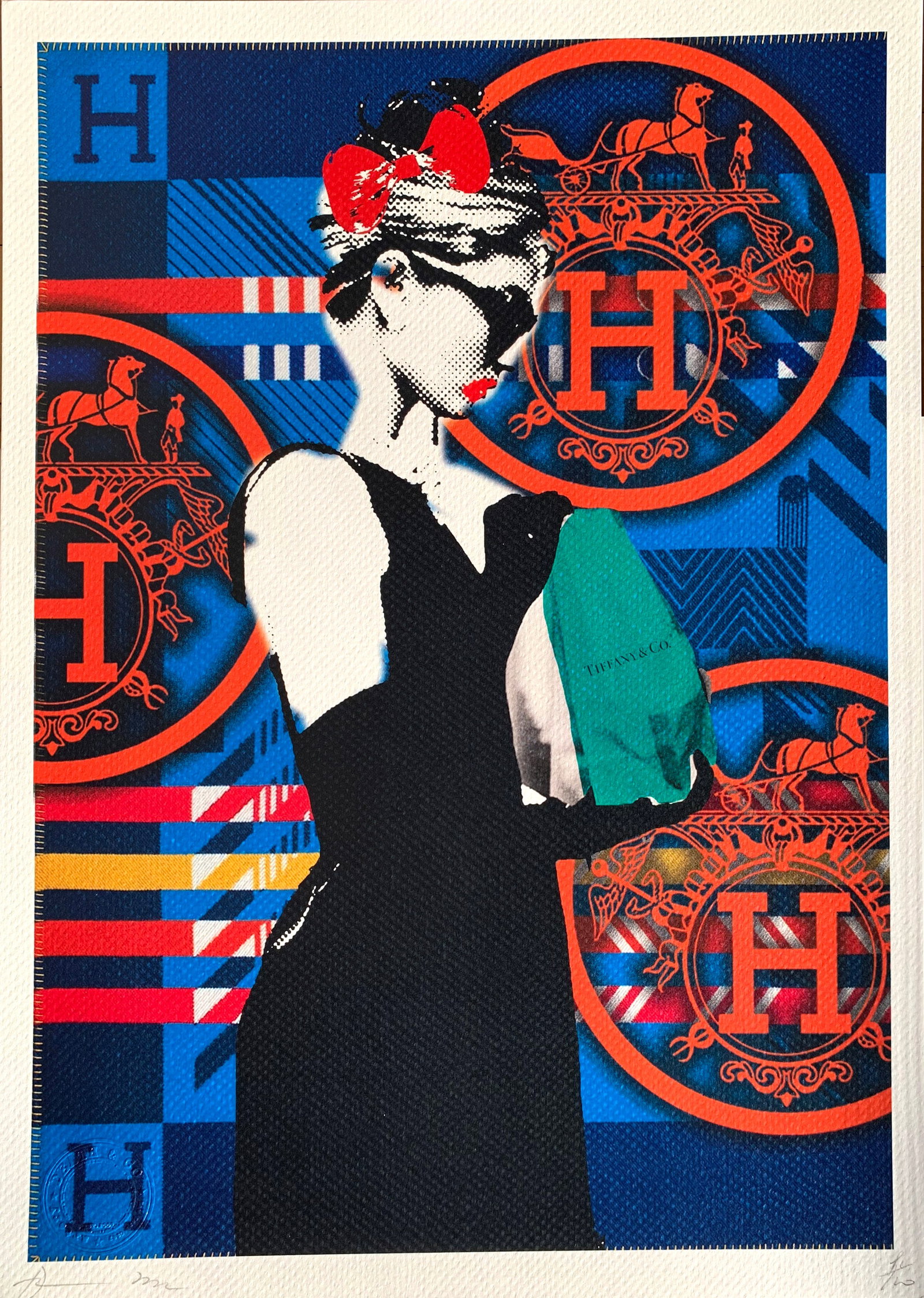 DEATH NYC Audrey Hepburn Hermes: Title:DEATH NYC Audrey Hepburn Hermes Date/Period:21st Century Materials:Giclee on Fine art 300 gsm paper Size:17 3/4 x 12 1/2 inches Description:Artist: Death NYC, limited edition giclee on paper,