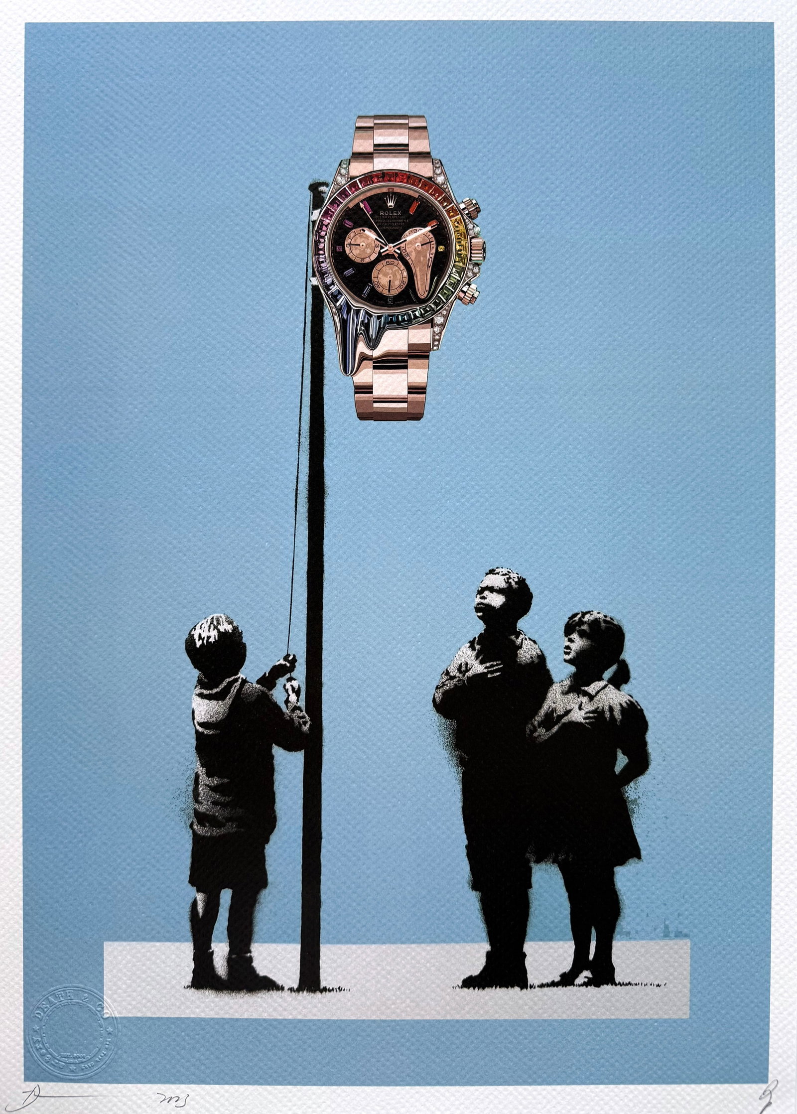 Death NYC Banksy Rolex: Title:Death NYC Banksy Rolex Date/Period:21st Century Materials:Giclee on Fine art 300 gsm paper Size:17 3/4 x 12 1/2 inches Description:Artist: Death NYC, limited edition giclee on paper, out of