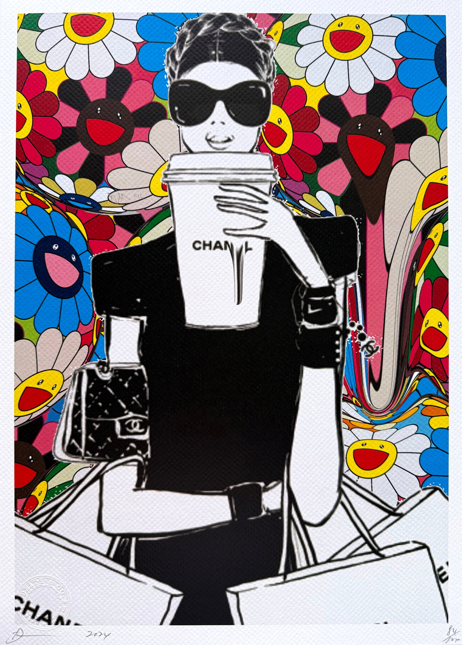 Death NYC Murakami Chanel: Title:Death NYC Murakami Chanel Date/Period:21st Century Materials:Giclee on Fine art 300 gsm paper Size:17 3/4 x 12 1/2 inches Description:Artist: Death NYC, limited edition giclee on paper, out of