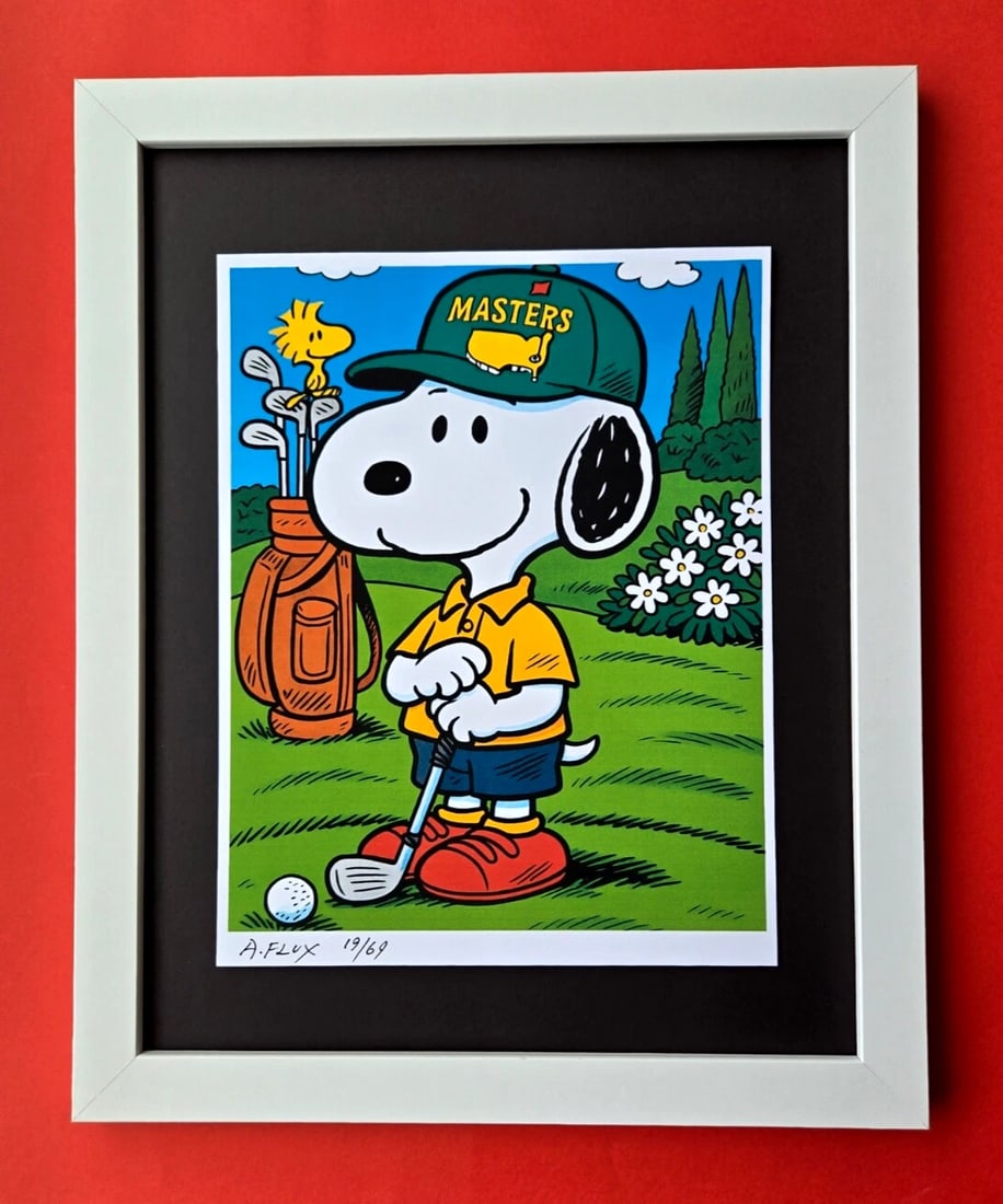 AIDAN FLUX | SNOOPY GOLF ICON | MASTERS COLLECTION | SIGNED COA READY TO HANG: This is a Stunning and Scarce 100% Authentic New Print by Aidan Flux AIDAN Flux represents a new wave of artists who embrace technology as a partner in creation, crafting works that resonate with the