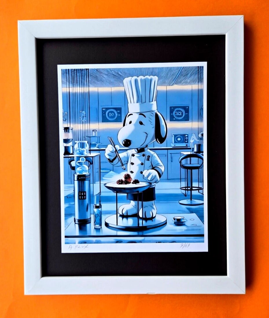 AIDAN FLUX | Hand Signed Print Framed LtdEd of 69 COA | SNOOPY MOLECULAR CHEF: This is a Stunning and Scarce 100% Authentic New Print by Aidan Flux AIDAN Flux represents a new wave of artists who embrace technology as a partner in creation, crafting works that resonate with the