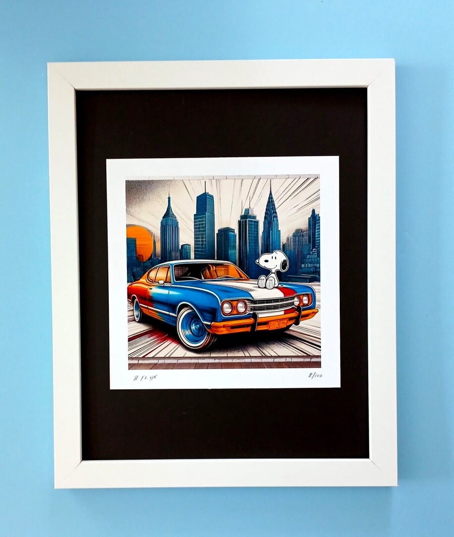 AIDAN FLUX | Hand Signed Original Print Framed | Ltd. Ed. of 100 | COA Snoopy: This is a Stunning and Scarce 100% Authentic New Print by Aidan Flux AIDAN Flux represents a new wave of artists who embrace technology as a partner in creation, crafting works that resonate with the