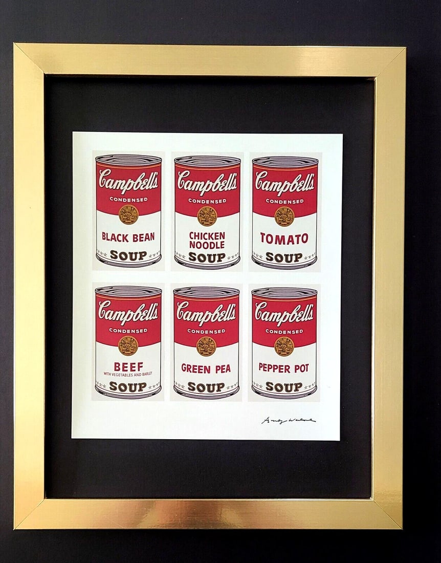 ANDY WARHOL + SIGNED 1984 " CAMPBELL'S SOUPS" PRINT MOUNTED & FRAMED: This is a Stunning and Scarce 1984 Print after Andy Warhol " CAMPBELL'S SOUPS " from - His Pop Art Collection- Facsimile Signed in Ink Mounted on an acid free black board 14x11in. It comes with a Bran