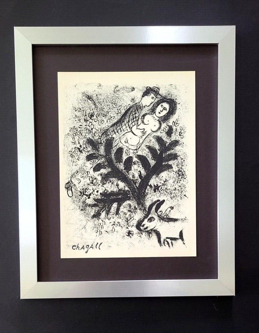 MARC CHAGALL + 1957 FIGURE SIGNED PRINT MOUNTED IN NEW FRAME: This is a Beautiful and Scarce 1957 Print after MARC CHAGALL FACSIMILE INK SIGNED From his Lithographs Collection Mounted in an acid free black board and Framed Covering an area of 15x12in. Printed in