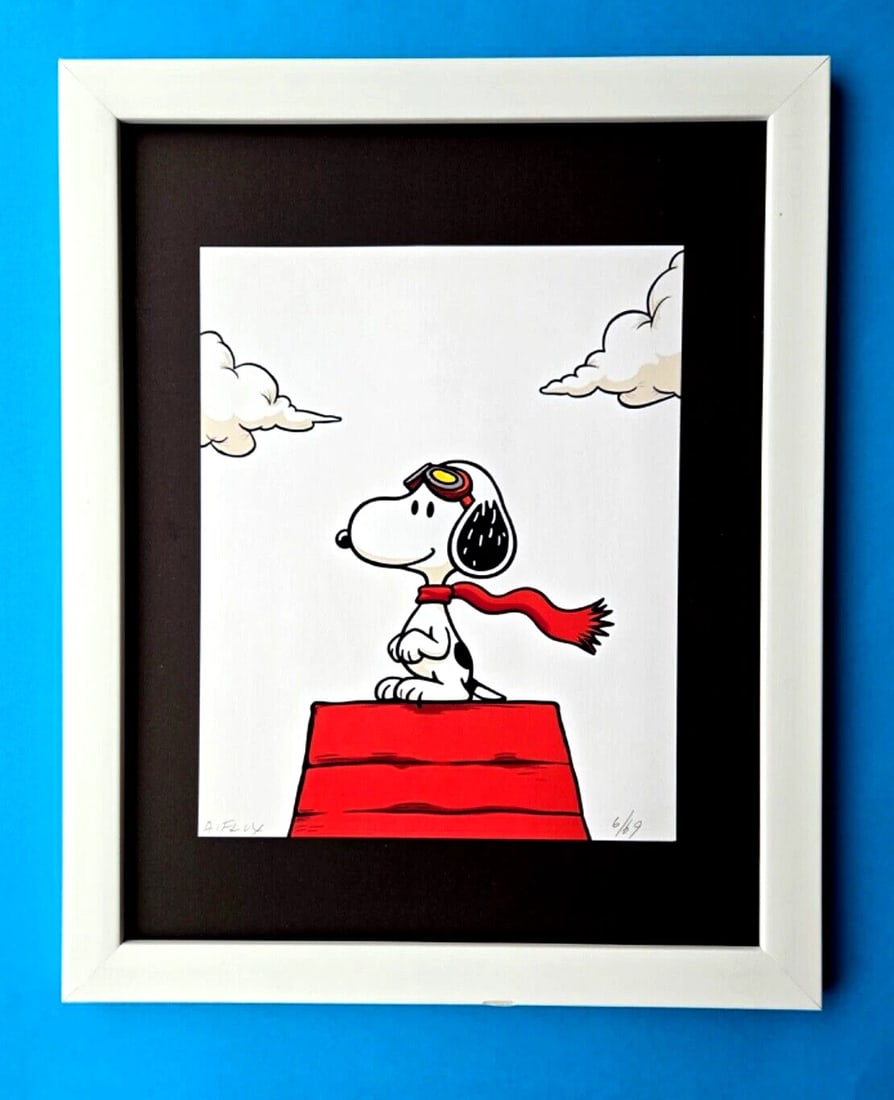 AIDAN FLUX | Hand Signed Original Print Framed LtdEd of 69 COA| SNOOPY AVIATOR: This is a Stunning and Scarce 100% Authentic New Print by Aidan Flux AIDAN Flux represents a new wave of artists who embrace technology as a partner in creation, crafting works that resonate with the
