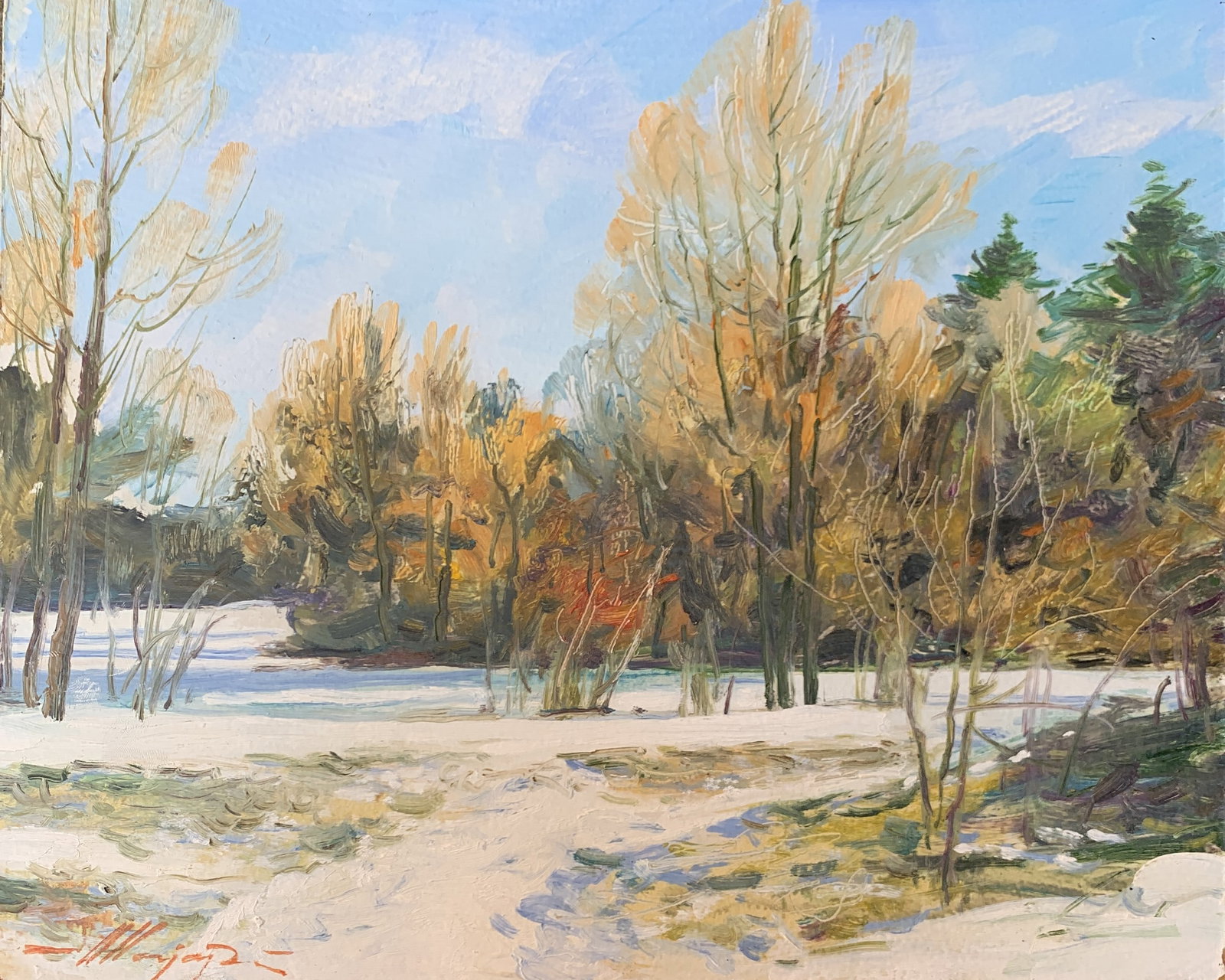 Oil painting Winter Oleksandr Oleksandrovich Nazarenko: Title: Oil painting Winter Oleksandr Oleksandrovich Nazarenko Description: 67NAA Painter: Oleksandr Nazarenko Size: 28x33 cm/11,02x12,99 inches Components: Oil, cardboard Original painting from our