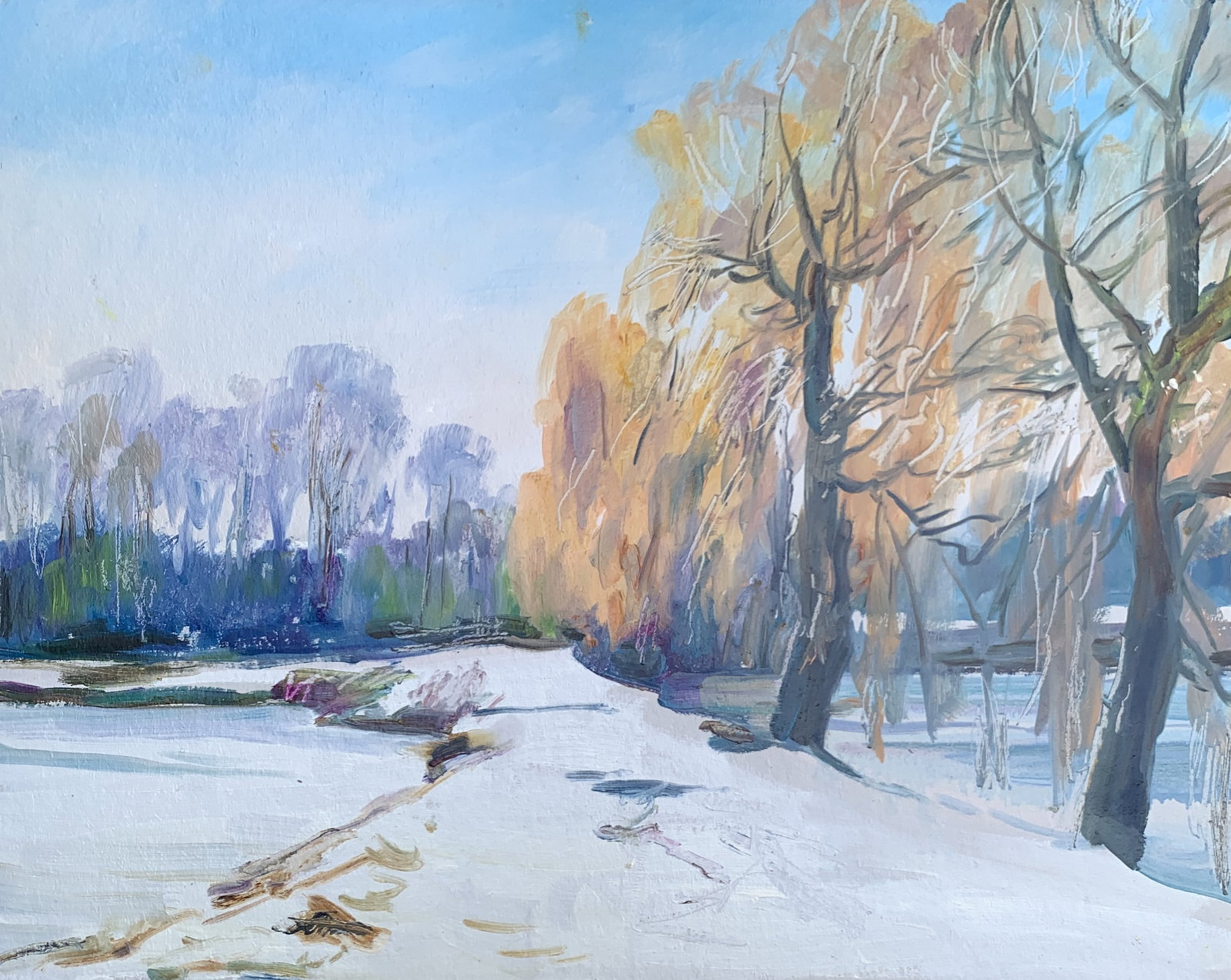 Oil painting Winter day Oleksandr Oleksandrovich Nazarenko: Title: Oil painting Winter day Oleksandr Oleksandrovich Nazarenko Description: 76NAA Painter: Oleksandr Nazarenko Size: 40x50 cm/15,75x19,68 inches Components: Oil, cardboard Original painting from ou