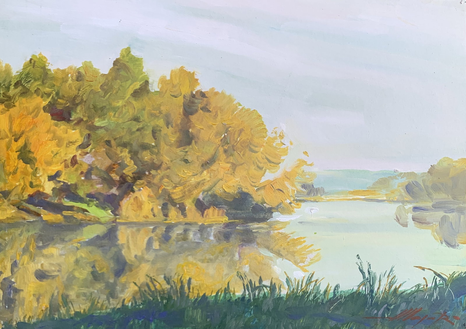 Oil painting Morning river Oleksandr Oleksandrovich Nazarenko: Title: Oil painting Morning river Oleksandr Oleksandrovich Nazarenko Description: 84NAA Painter: Oleksandr Nazarenko Size: 25x35 cm/9,84x13,78 inches Components: Oil, cardboard Original painting from 