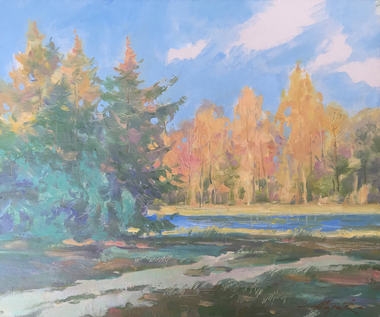 Oil painting A warm autumn day Oleksandr Oleksandrovich Nazarenko: Title: Oil painting A warm autumn day Oleksandr Oleksandrovich Nazarenko Description: 86NAA Painter: Oleksandr Nazarenko Size: 33x40 cm/12,99x15,75 inches Components: Oil, cardboard Original painting 