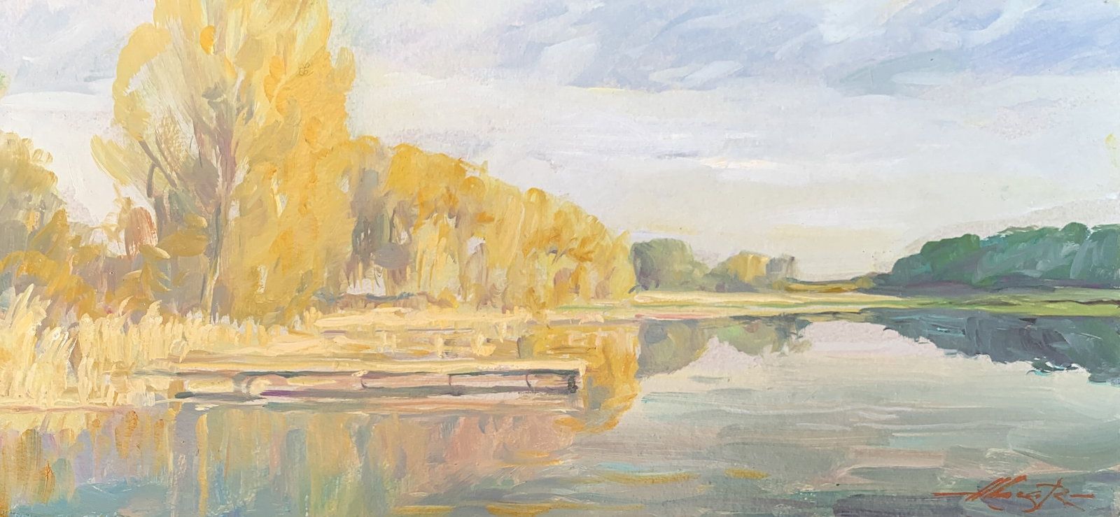 Oil painting By the river Oleksandr Oleksandrovich Nazarenko: Title: Oil painting By the river Oleksandr Oleksandrovich Nazarenko Description: 100NAA Painter: Oleksandr Nazarenko Size: 24x50 cm/9,45x19,68 inches Components: Oil, cardboard Original painting from