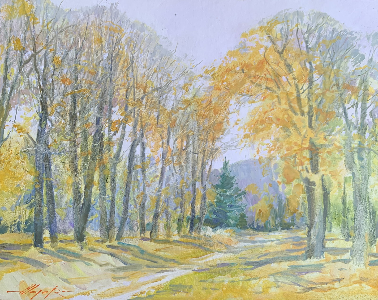 Oil painting In the park Oleksandr Oleksandrovich Nazarenko: Title: Oil painting In the park Oleksandr Oleksandrovich Nazarenko Description: 124NAA Painter: Oleksandr Nazarenko Size: 40x50 cm/15,75x19,68 inches Components: Oil, cardboard Original painting from