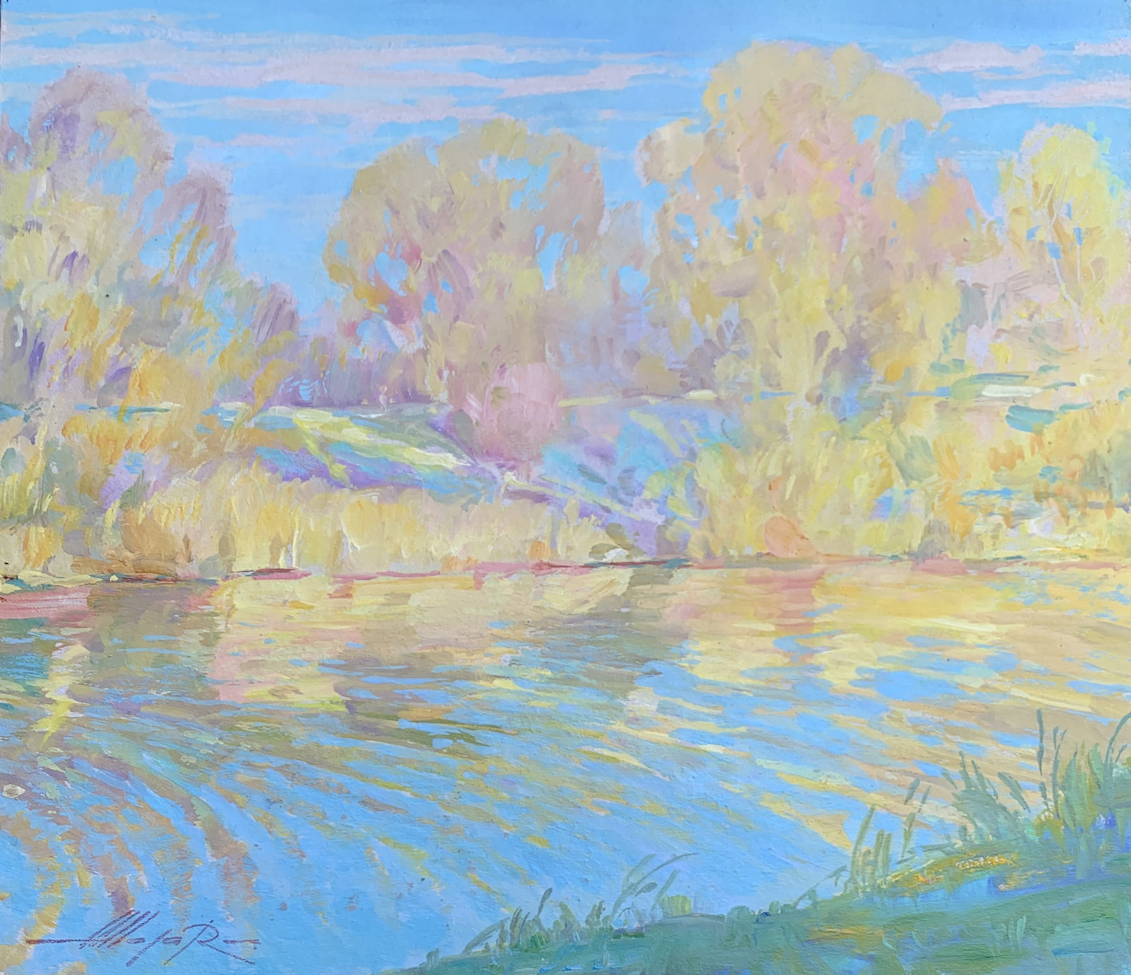 Oil painting At a lake Oleksandr Oleksandrovich Nazarenko: Title: Oil painting At a lake Oleksandr Oleksandrovich Nazarenko Description: 126NAA Painter: Oleksandr Nazarenko Size: 35x40 cm/13,78x15,75 inches Components: Oil, cardboard Original painting from