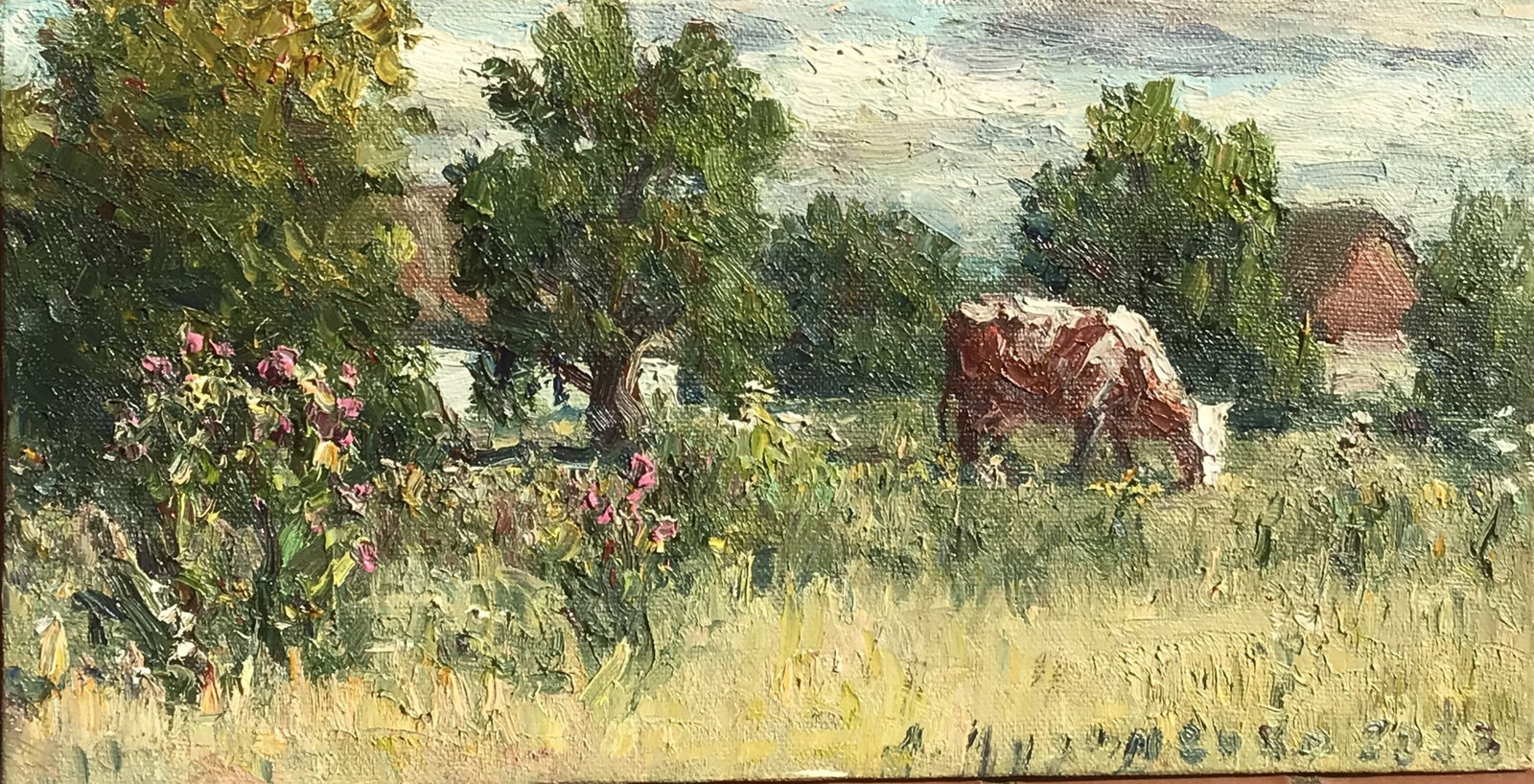 Oil painting Cow Leonid Kuzmenko: Title: Oil painting Cow Leonid Kuzmenko Description: 16Kuzm Painter: Leonid Kuzmenko Size: 18x35cm/7,08x13,78 inches Components: oil, canvas Original painting from our collection ERA: 2023 Short
