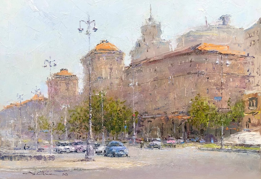 Oil painting sunny St. Khreshchatyk Andrii G.: Title: Oil painting sunny St. Khreshchatyk Andrii G. Description: 13Guk Painter: Andrii G. Size: 35x50 cm/ 13.77x19.68 inches Components: oil, canvas Original painting CONDITION: exellent ERA:2023