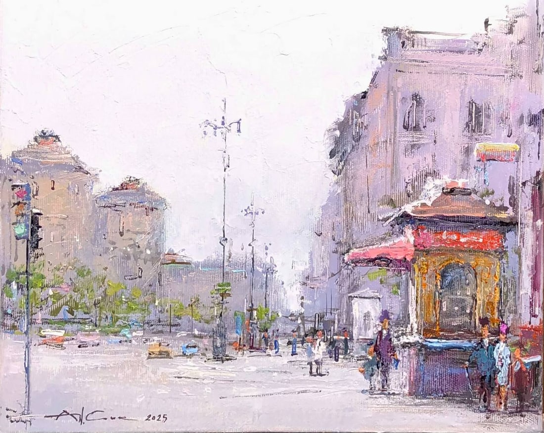 Oil painting khreshchatyk at the morning Andrii G.: Title: Oil painting khreshchatyk at the morning Andrii G. Description: 37Guk Painter: Andrii G. Size: 25x30 cm/ 9.84x11.81 inches Components: oil, canvas Original painting CONDITION: exellent ERA:2026