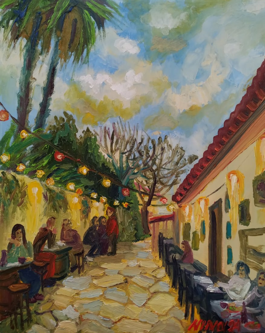 Oil painting In the cafe Nina L: Title: Oil painting In the cafe Nina L Description: 02Lt Painter: Nina L. Size: 50x40 cm/ 19.68x15.74 inches Components: oil, canvas Original painting CONDITION: exellent ERA: 2024 ARTIST: She was
