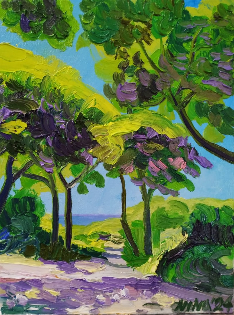 Oil painting Pine trees by the sea Nina L: Title: Oil painting Pine trees by the sea Nina L Description: 14Lt Painter: Nina L. Size: 40x30 cm/ 15.74x11.81 inches Components: oil, canvas Original painting CONDITION: exellent ERA: 2024 ARTIST: