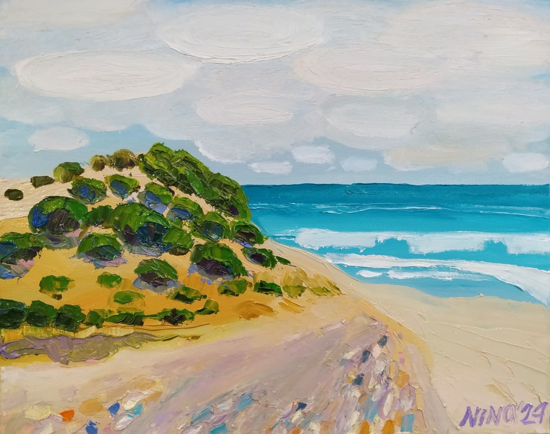 Oil painting Atlit Beach Nina L: Title: Oil painting Atlit Beach Nina L Description: 39Lt Painter: Nina L. Size: 40x50 cm/ 15.74x19.68 inches Components: oil, canvas Original painting CONDITION: exellent ERA: 2024 ARTIST: She was