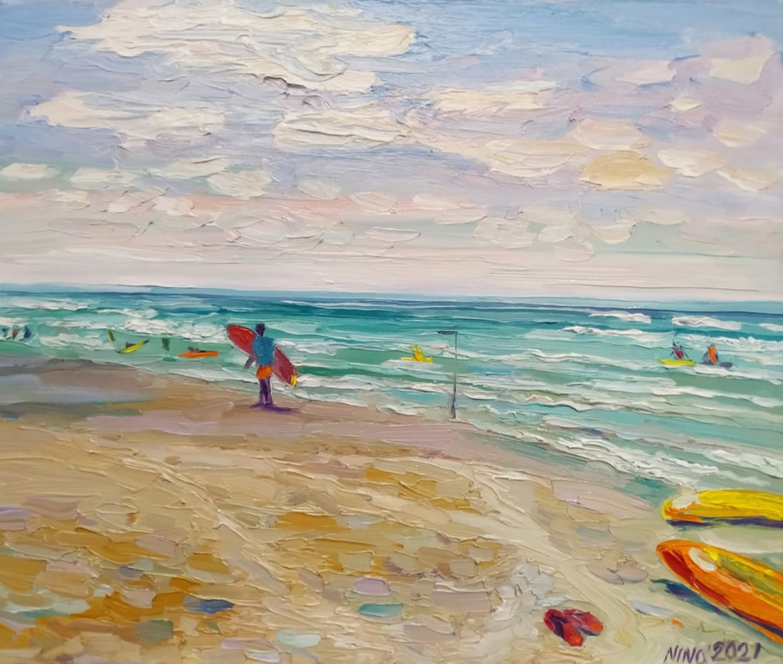 Oil painting Surfer Nina L: Title: Oil painting Surfer Nina L Description: 83Lt Painter: Nina L. Size: 60x50 cm/ 23.62x19.68 inches Components: oil, canvas Original painting CONDITION: exellent ERA: 2021 ARTIST: She was born on