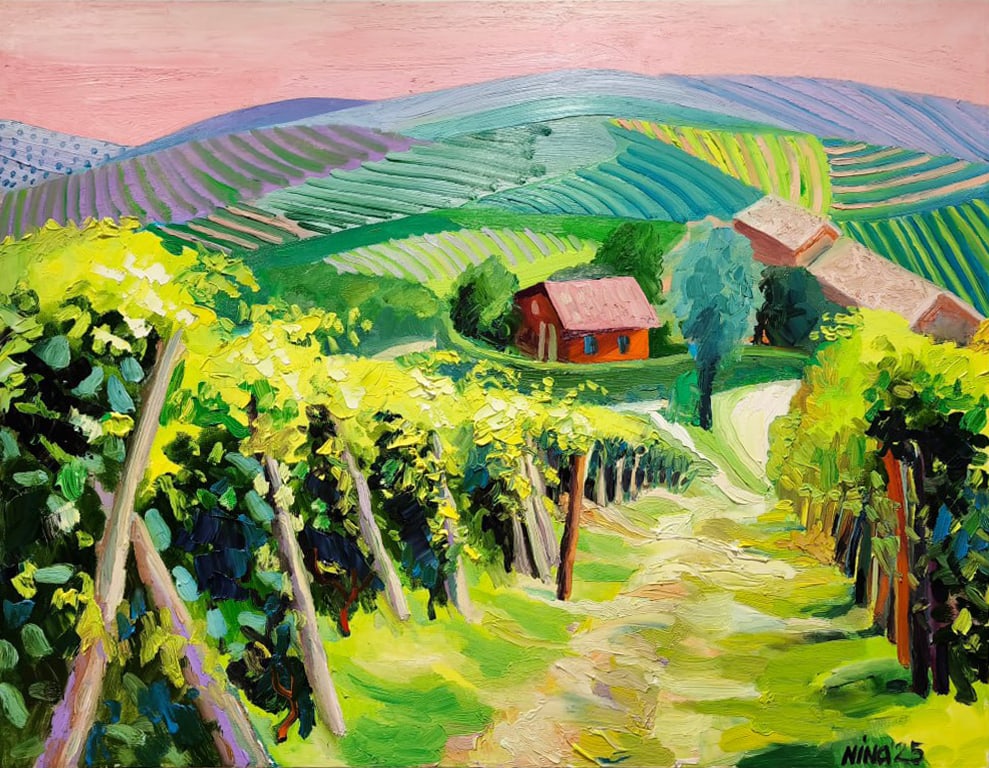 Oil painting Vineyards Nina L: Title: Oil painting Vineyards Nina L Description: 130Lt Painter: Nina L. Size: 70x90 cm/ 27.55x35.43 inches Components: oil, canvas Original painting CONDITION: exellent ERA: 2025 ARTIST: She was born