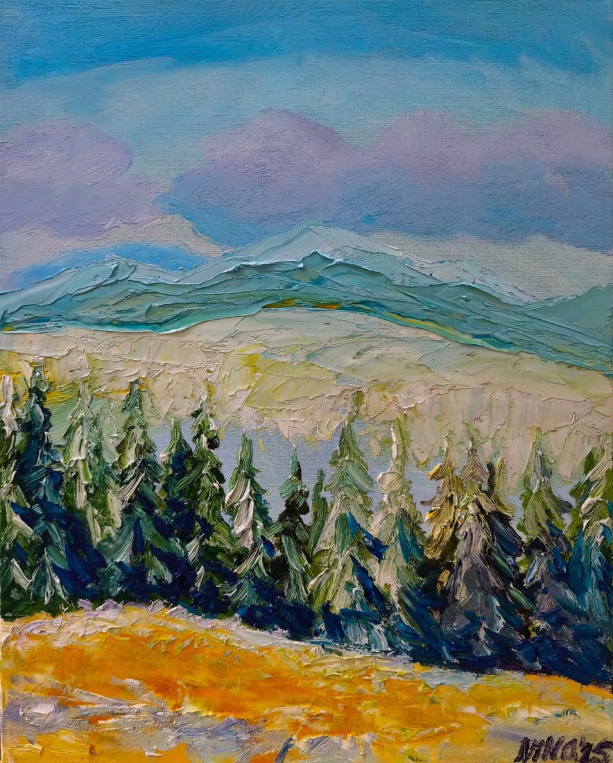 Oil painting Winter in the mountains Nina L: Title: Oil painting Winter in the mountains Nina L Description: 158Lt Painter: Nina L. Size: 50x40 cm/ 19.68x15.74 inches Components: oil, canvas Original painting CONDITION: exellent ERA: 2025