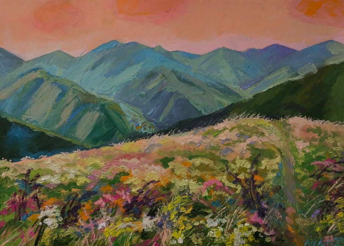 Landscape Oil painting Mountain field Nina L: Title: Landscape Oil painting Mountain field Nina L Description: 166Lt Painter: Nina L. Size: 50x70 cm/ 19.68x27.55 inches Components: oil, canvas Original painting CONDITION: exellent ERA: 2025