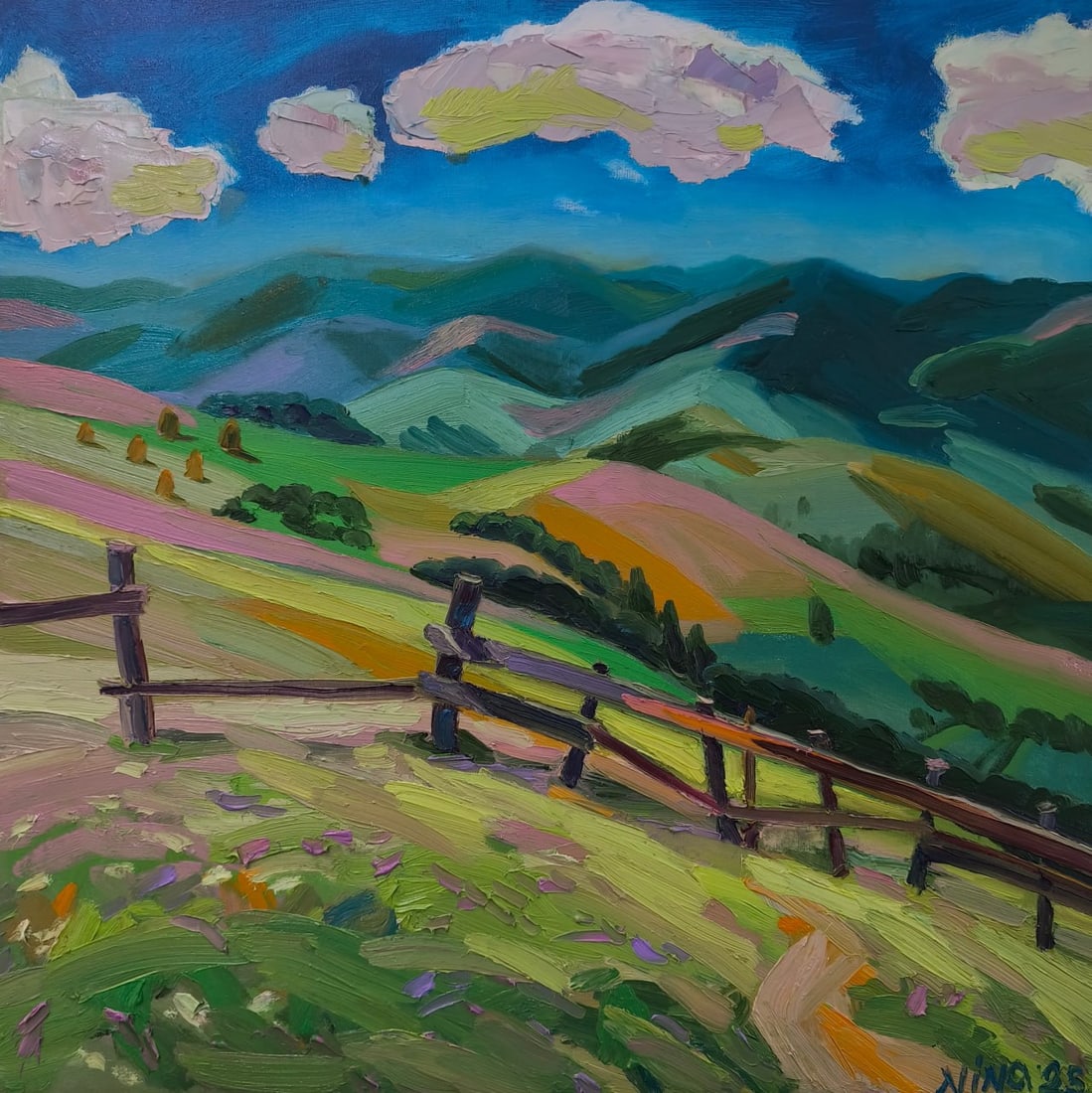 Landscape Oil painting Mountain field Nina L: Title: Landscape Oil painting Mountain field Nina L Description: 178Lt Painter: Nina L. Size: 70x70 cm/ 27.55x27.55 inches Components: oil, canvas Original painting CONDITION: exellent ERA: 2025