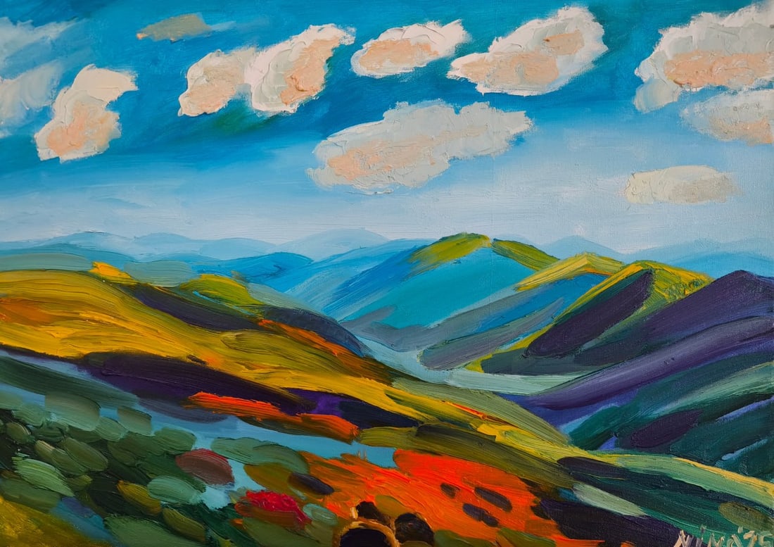 Landscape Oil painting Under the Sky Nina L: Title: Landscape Oil painting Under the Sky Nina L Description: 186Lt Painter: Nina L. Size: 50x70 cm/ 19.68x27.55 inches Components: oil, canvas Original painting CONDITION: exellent ERA: 2025