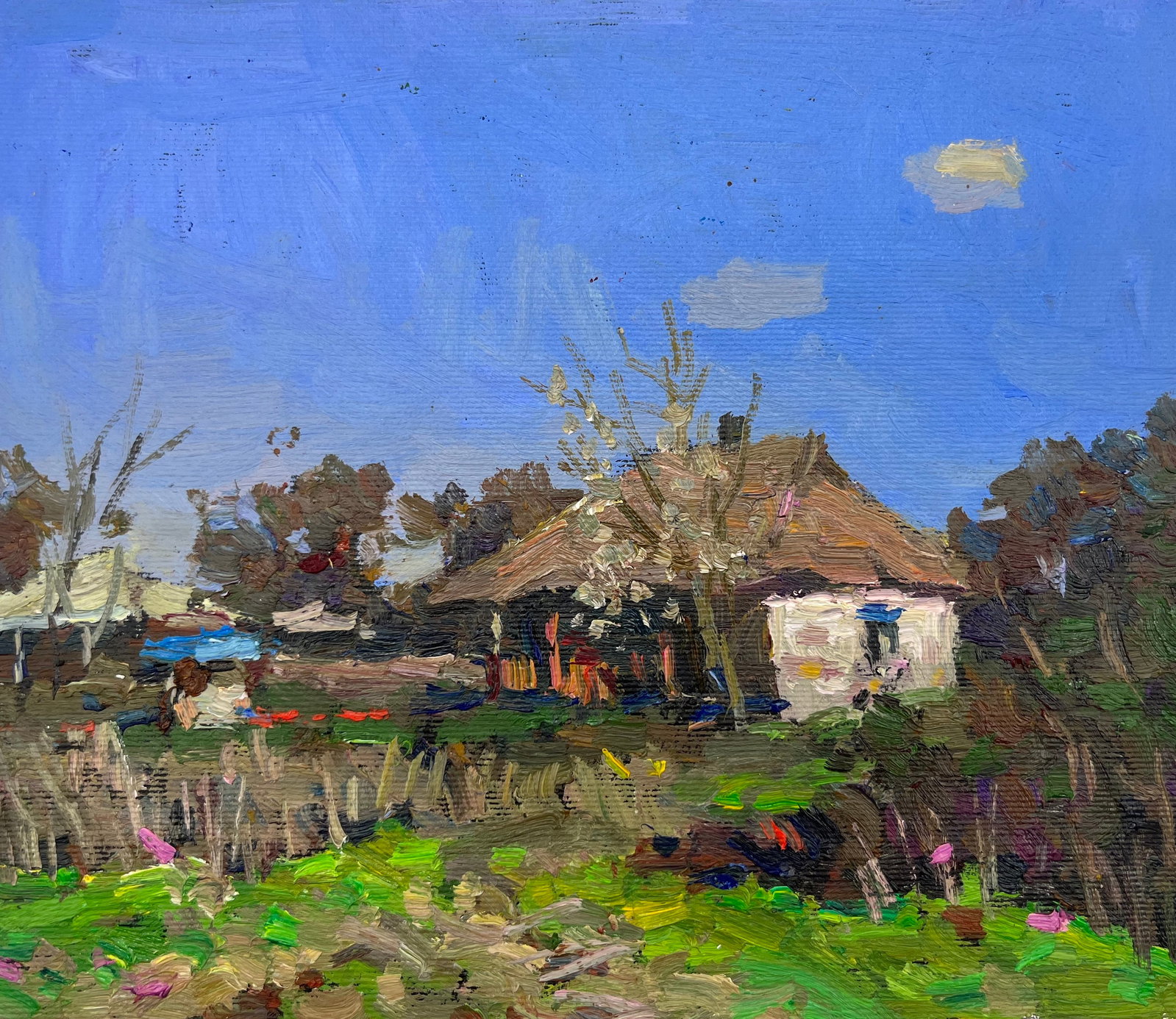 Oil painting house in the village Sergey Ivanovich: Title: Oil painting house in the village Sergey Ivanovich Description: 85ALAA Painter: Sergey Ivanovich Animov Size: 20x24 cm/7.87x9.45 inches Components: canvas, oil Original painting from our collec