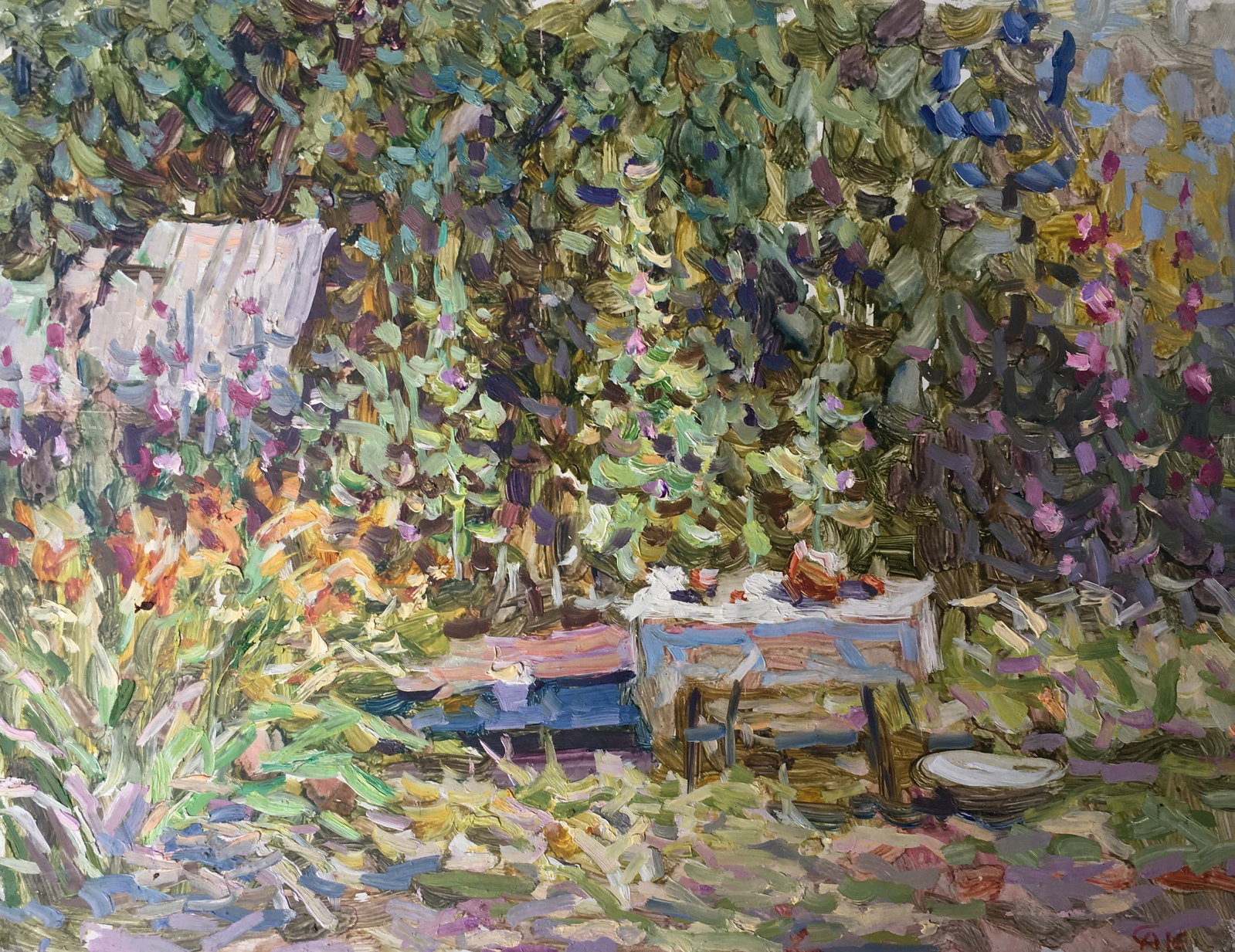 Oil painting Patio Sergey Ivanovich: Title: Oil painting Patio Sergey Ivanovich Description: 94ALAA Painter: Sergey Ivanovich Animov Size: 33x36 cm/13.0x14.2 inches Components: cardboard, oil Original painting from our collection ERA: