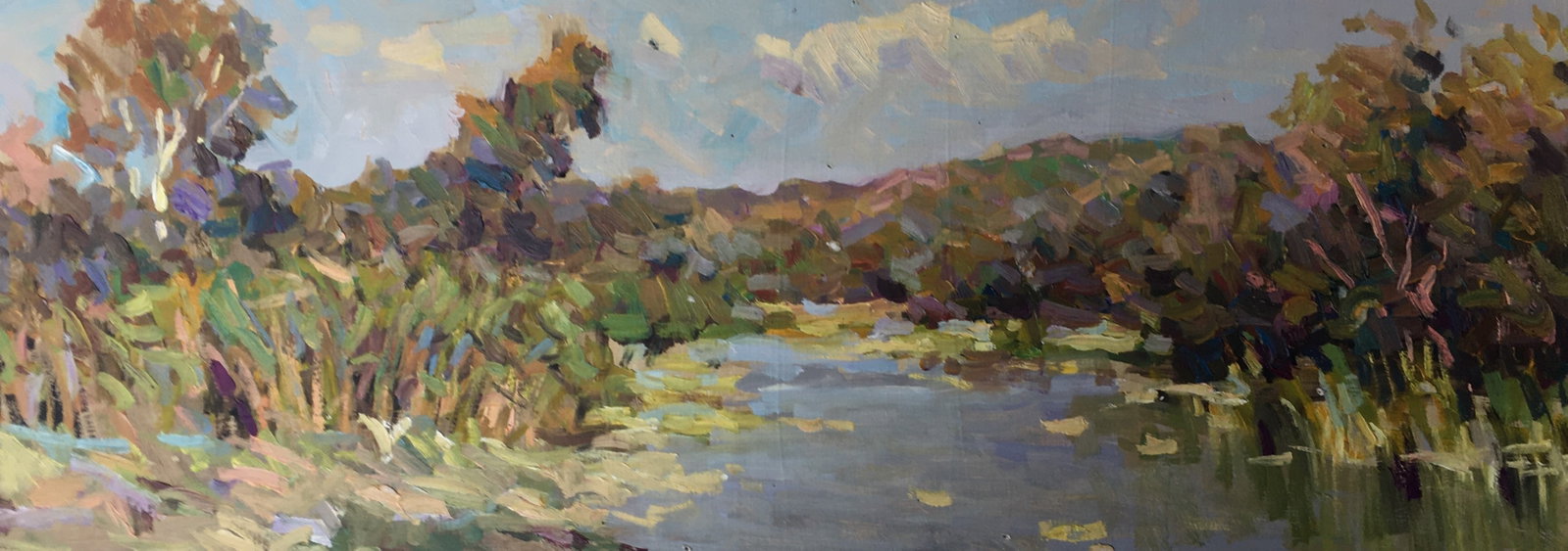 Oil painting river near the forest Sergey Ivanovich: Title: Oil painting river near the forest Sergey Ivanovich Description: 106ALAA Painter: Sergey Ivanovich Animov Size: 60x22 cm/23.6x8.66 inches Components: cardboard, oil Original painting from our c