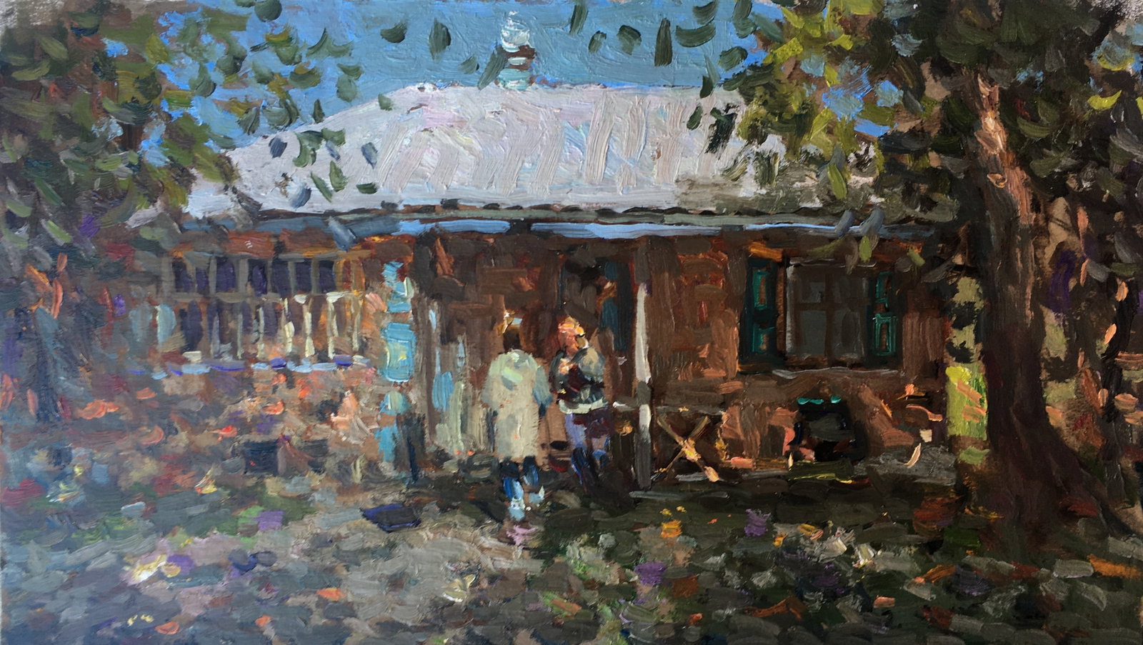 Oil painting Granny's house Sergey Ivanovich: Title: Oil painting Granny's house Sergey Ivanovich Description: 110ALAA Painter: Sergey Ivanovich Animov Size: 50x28,5 cm/19,6x11,2 inches Components: cardboard, oil Original painting from our
