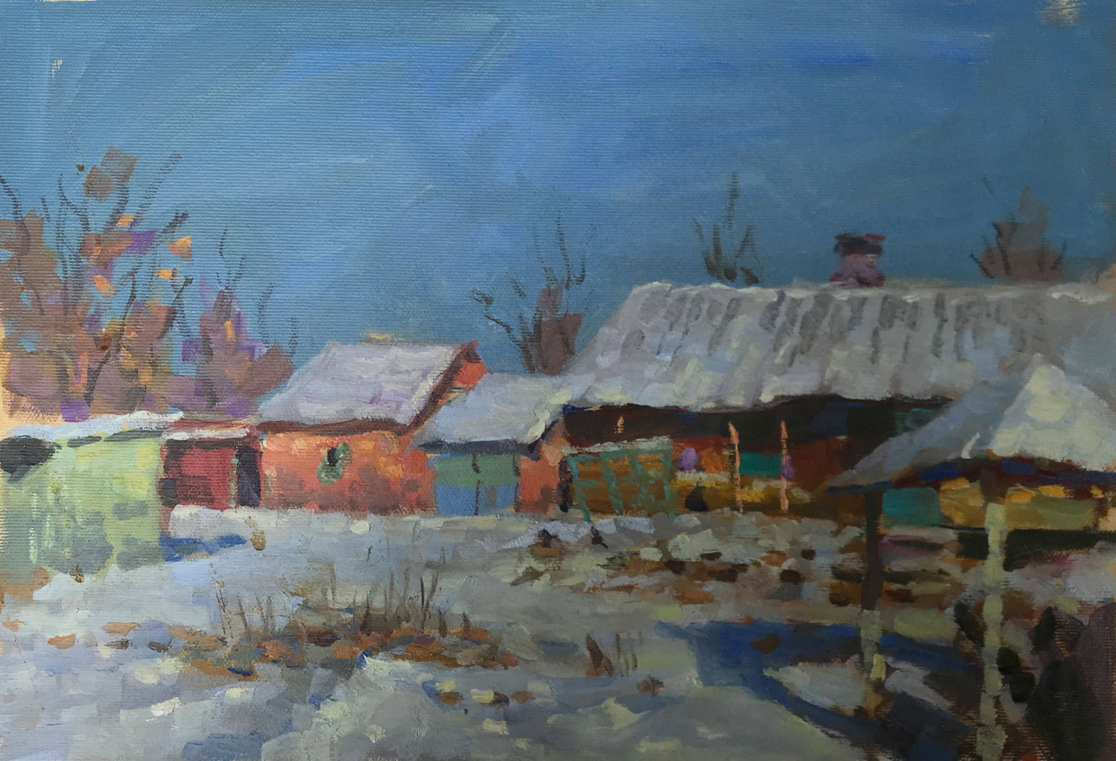 Oil painting Winter yard Sergey Ivanovich: Title: Oil painting Winter yard Sergey Ivanovich Description: 193ALAA Painter: Sergey Ivanovich Animov Size: 30x41,5 cm/ 11,81x16,33 inches Components: canvas, oil Original painting from our collectio