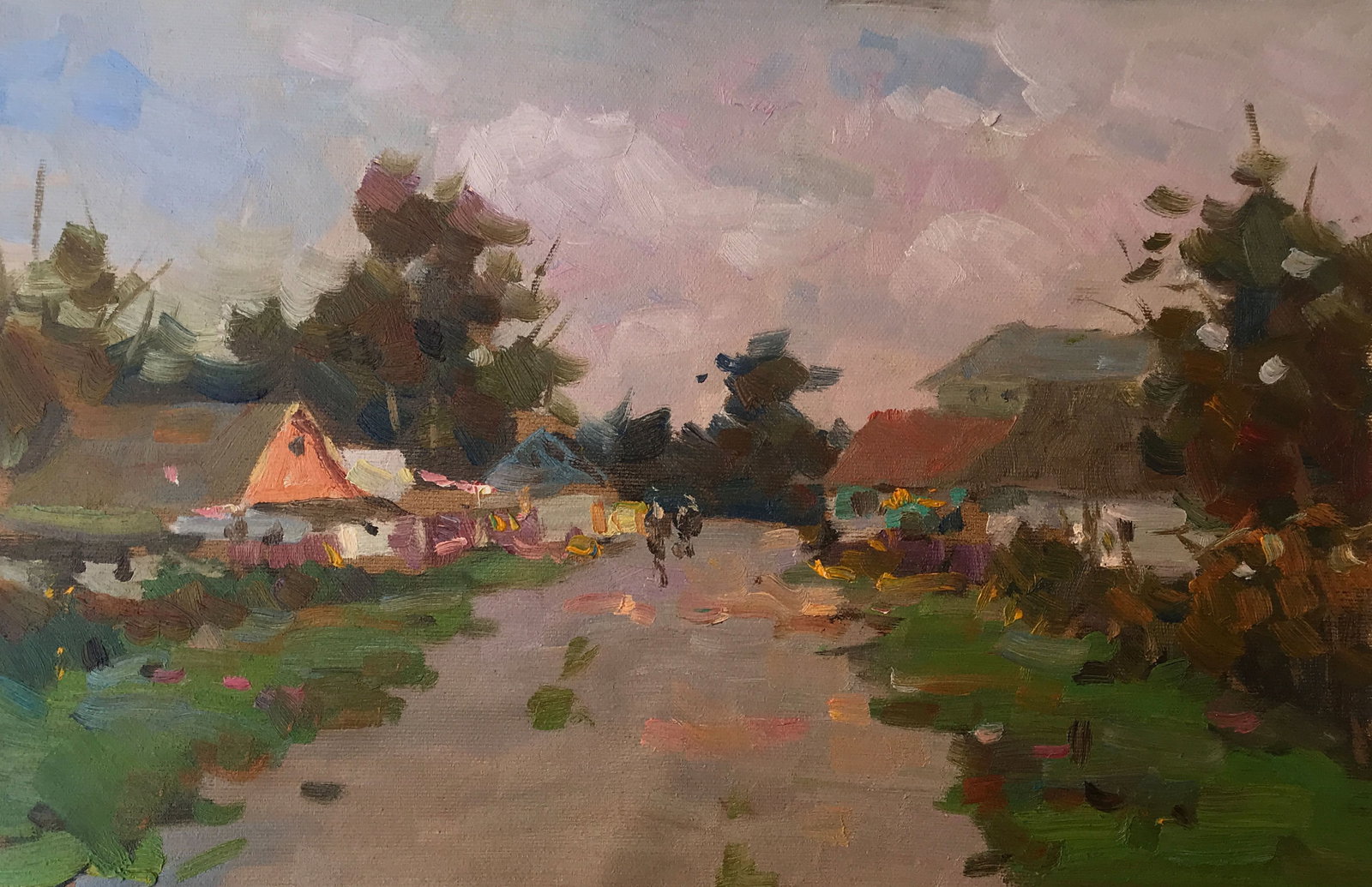 Oil painting native street Sergey Ivanovich: Title: Oil painting native street Sergey Ivanovich Description: 206ALAA Painter: Sergey Ivanovich Animov Size: 28x38 cm/11.02x14.96 inches Components: canvas, oil Original painting from our collection