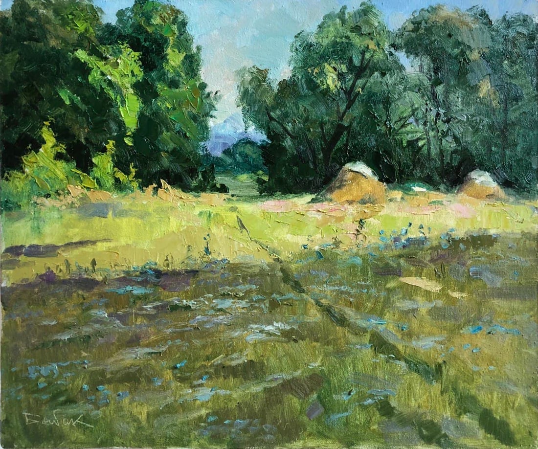 Oil painting Haystacks Vyacheslav Petrovich Babac: Title: Oil painting Haystacks Vyacheslav Petrovich Babac Description: 99BA Painter: Vyacheslav Petrovick Babac Size: 42x50 cm/16.5x19.7 inches Components: oil, canvas Original painting from our